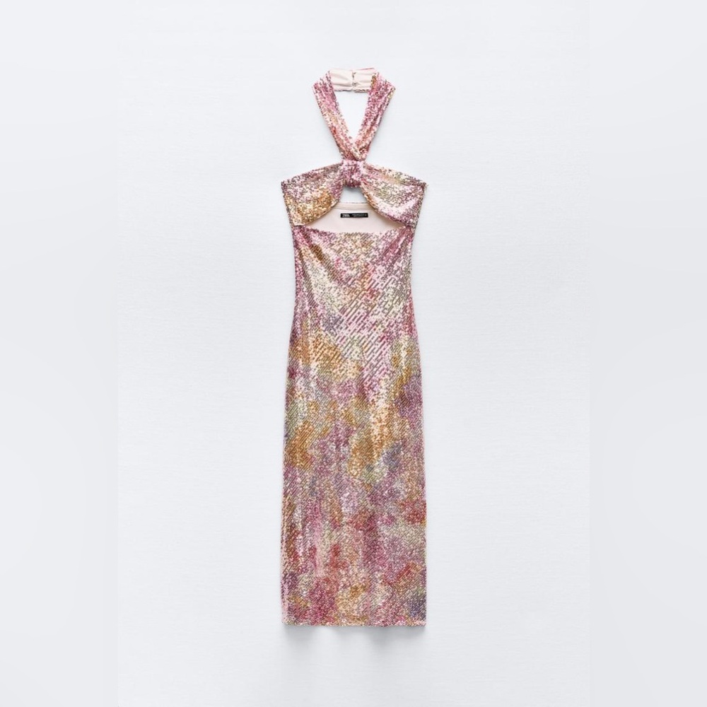 NWT ZARA SEQUIN KNOTTED HALTER DRESS